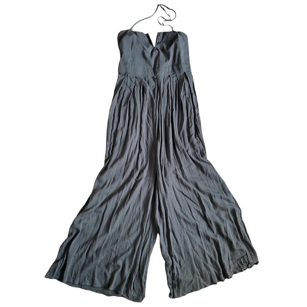 luca grae Flared Wide Leg Jumpsuit strapless gray olive m crinkle